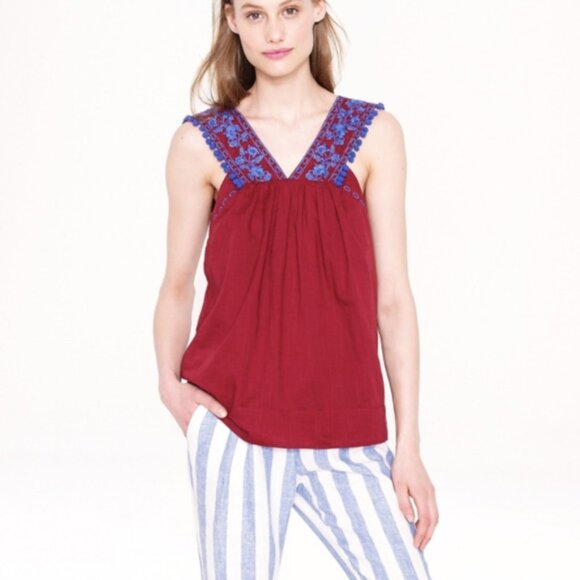 J.Crew Cotton Tank Top Pom-Pom and embroidered v neck line - Picture 3 of 11